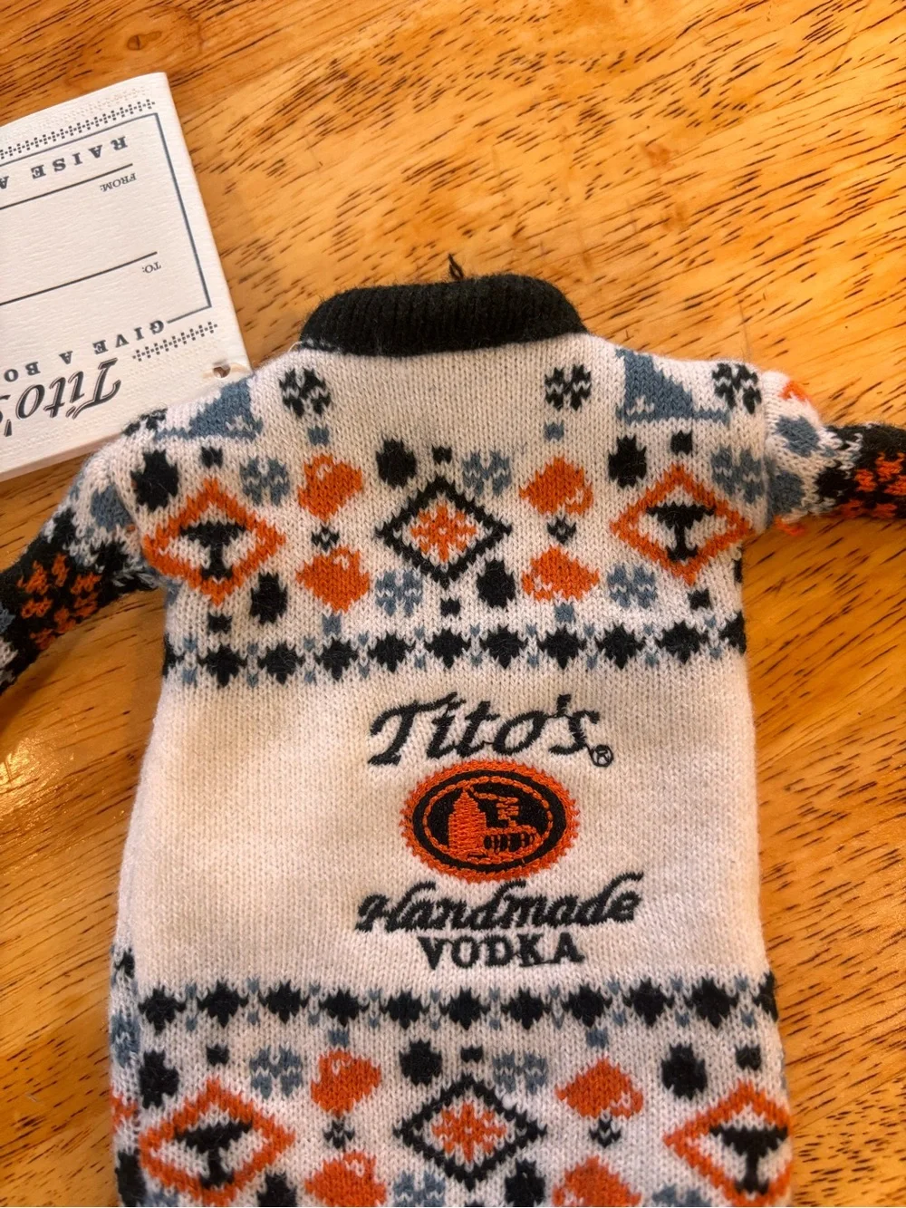 Tito's Knit Bottle Cover - White with Orange & Black Fair Isle